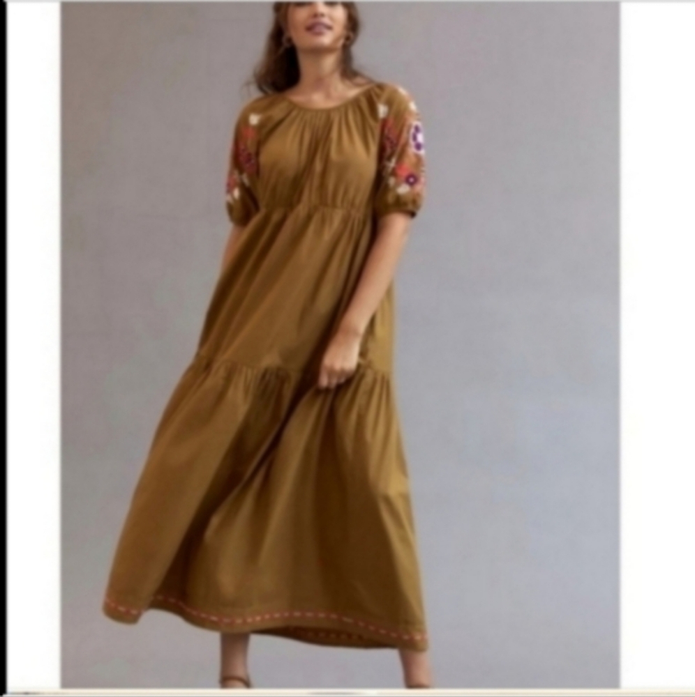 Anthropologie Mustard Embroidered Sleeve Maxi Dress